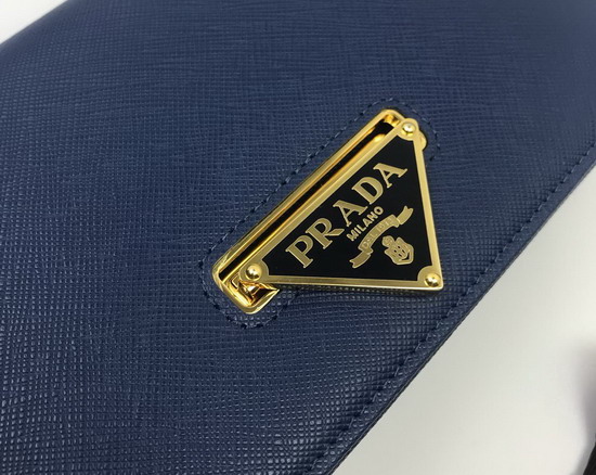 Prada Saffiano Leather Shouler Bag in Blue with Triangle Logo Lock on The Front