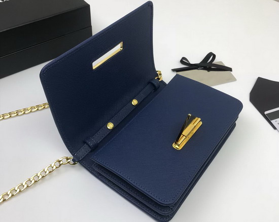 Prada Saffiano Leather Shouler Bag in Blue with Triangle Logo Lock on The Front