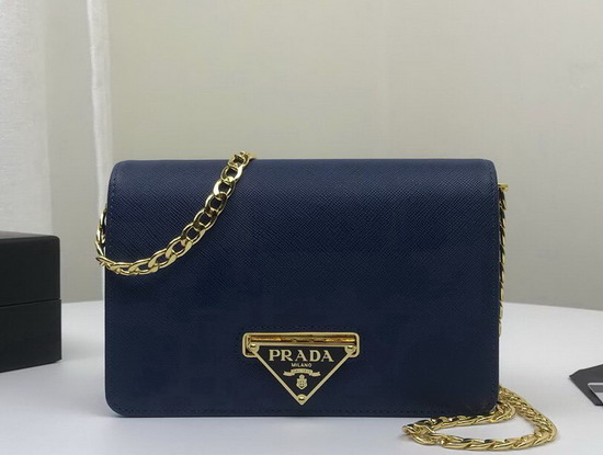 Prada Saffiano Leather Shouler Bag in Blue with Triangle Logo Lock on The Front