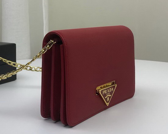 Prada Saffiano Leather Shouler Bag in Red with Triangle Logo Lock on The Front