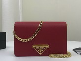 Prada Saffiano Leather Shouler Bag in Red with Triangle Logo Lock on The Front