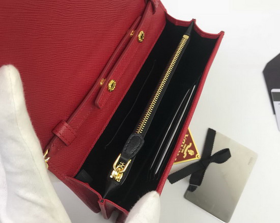 Prada Saffiano Leather Shouler Bag in Red with Triangle Logo Lock on The Front