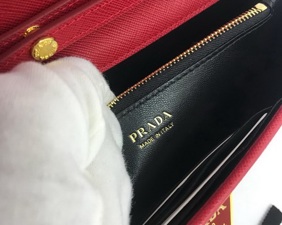 Prada Saffiano Leather Shouler Bag in Red with Triangle Logo Lock on The Front