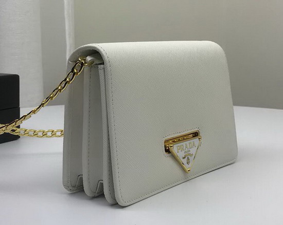 Prada Saffiano Leather Shouler Bag in White with Triangle Logo Lock on The Front