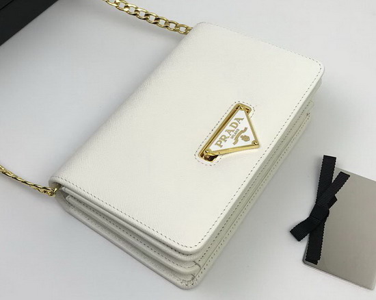 Prada Saffiano Leather Shouler Bag in White with Triangle Logo Lock on The Front