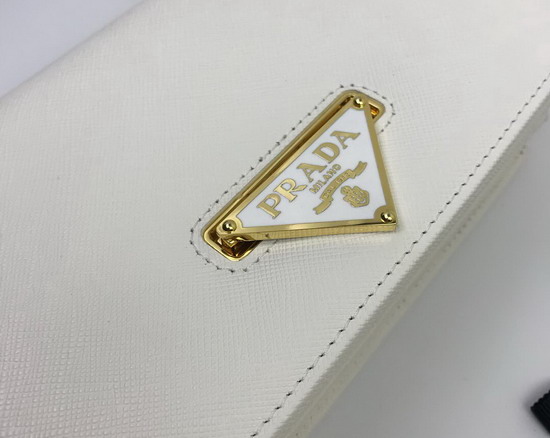 Prada Saffiano Leather Shouler Bag in White with Triangle Logo Lock on The Front