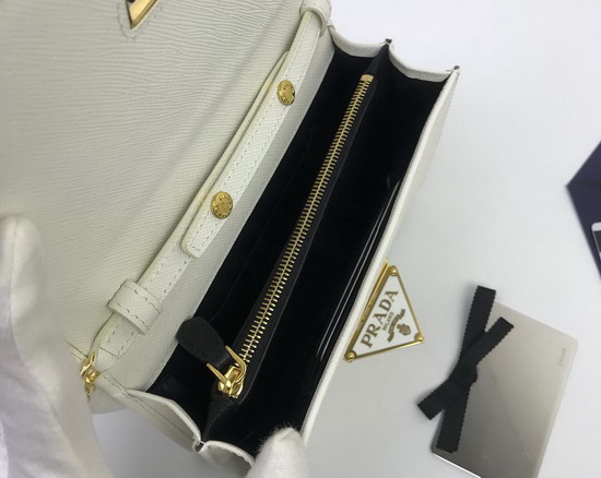 Prada Saffiano Leather Shouler Bag in White with Triangle Logo Lock on The Front