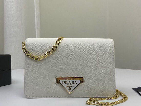 Prada Saffiano Leather Shouler Bag in White with Triangle Logo Lock on The Front