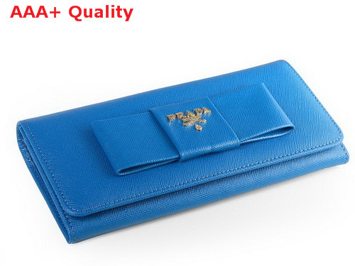 Prada Saffiano Leather Wallet With Leather Bow Blue Replica