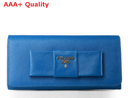 Prada Saffiano Leather Wallet With Leather Bow Blue Replica