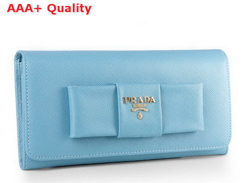 Prada Saffiano Leather Wallet With Leather Bow Light Blue Replica