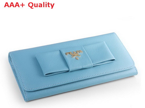 Prada Saffiano Leather Wallet With Leather Bow Light Blue Replica