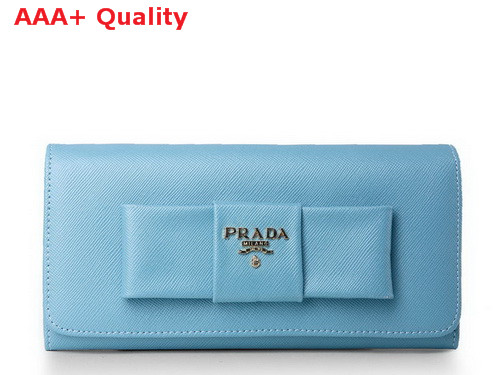 Prada Saffiano Leather Wallet With Leather Bow Light Blue Replica