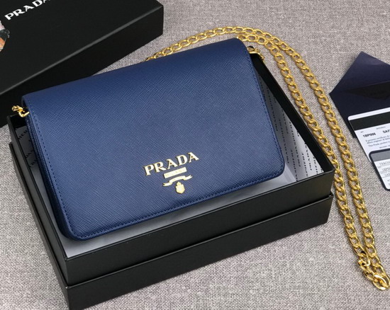 Prada Saffiano Leather Wallet on Chain Blue Saffiano Leather