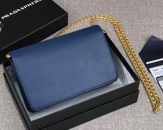 Prada Saffiano Leather Wallet on Chain Blue Saffiano Leather