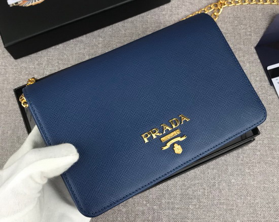 Prada Saffiano Leather Wallet on Chain Blue Saffiano Leather