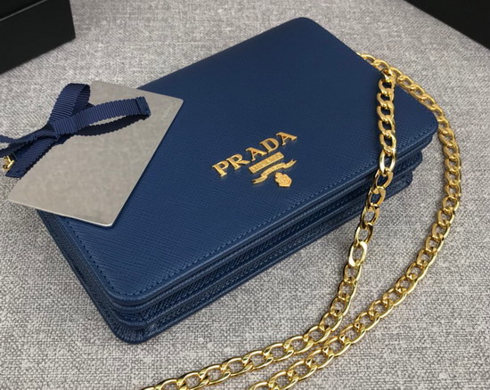 Prada Saffiano Leather Wallet on Chain Blue Saffiano Leather