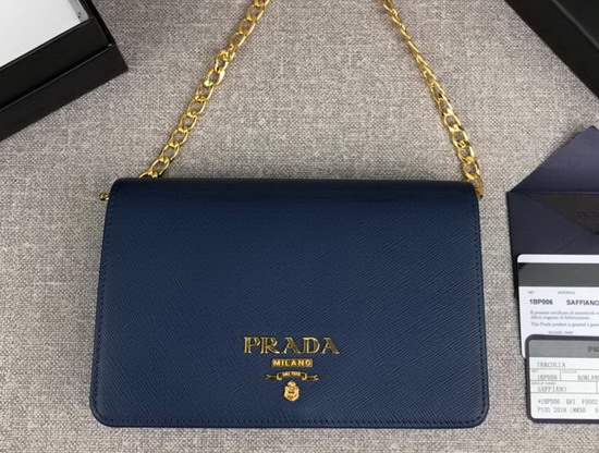 Prada Saffiano Leather Wallet on Chain Blue Saffiano Leather