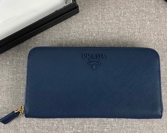 Prada Saffiano Leather Zip Around Wallet in Blue