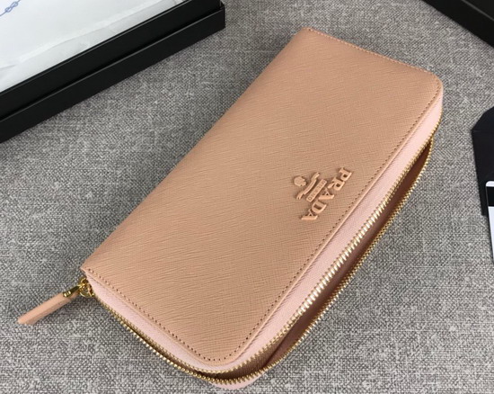 Prada Saffiano Leather Zip Around Wallet in Nude