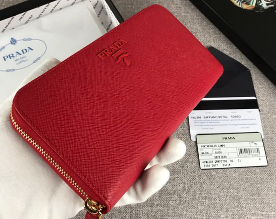 Prada Saffiano Leather Zip Around Wallet in Red