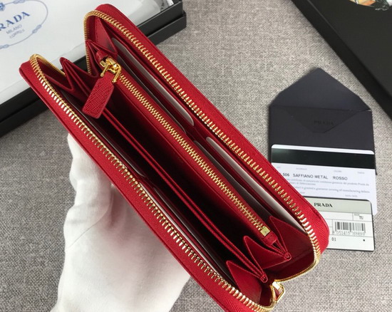 Prada Saffiano Leather Zip Around Wallet in Red