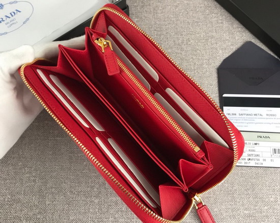 Prada Saffiano Leather Zip Around Wallet in Red