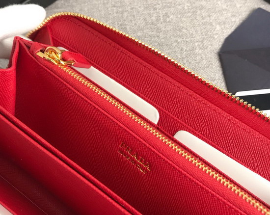 Prada Saffiano Leather Zip Around Wallet in Red