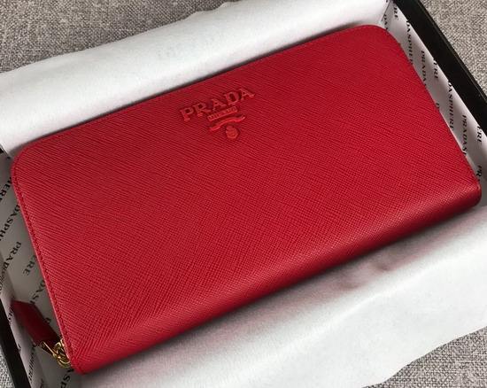 Prada Saffiano Leather Zip Around Wallet in Red