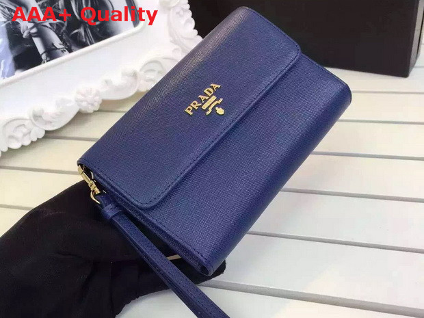 Prada Saffiano Metallic Gold Leather Flap Wallet In Blue Replica