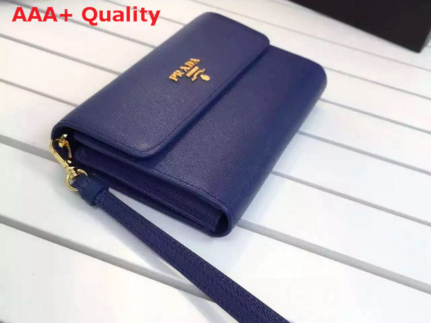 Prada Saffiano Metallic Gold Leather Flap Wallet In Blue Replica