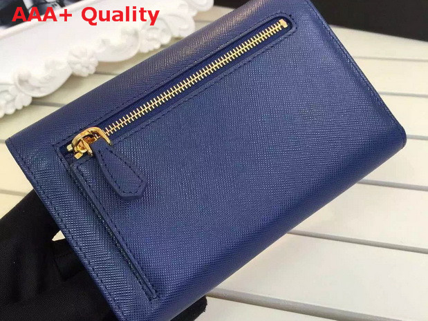 Prada Saffiano Metallic Gold Leather Flap Wallet In Blue Replica