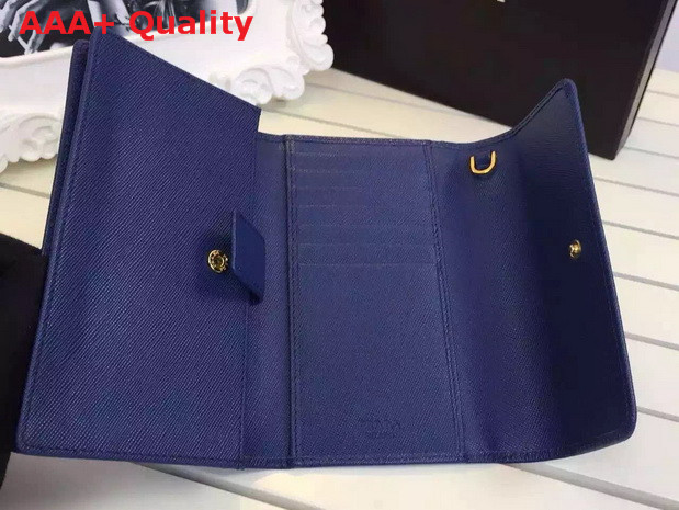 Prada Saffiano Metallic Gold Leather Flap Wallet In Blue Replica