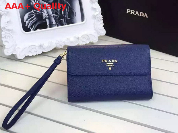 Prada Saffiano Metallic Gold Leather Flap Wallet In Blue Replica