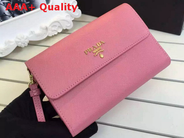 Prada Saffiano Metallic Gold Leather Flap Wallet Pink Replica