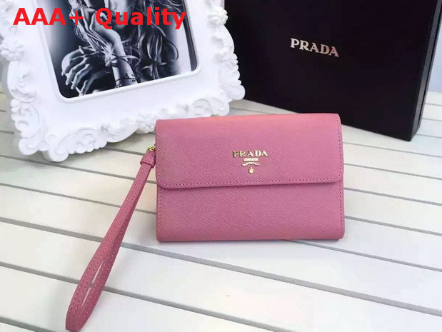 Prada Saffiano Metallic Gold Leather Flap Wallet Pink Replica