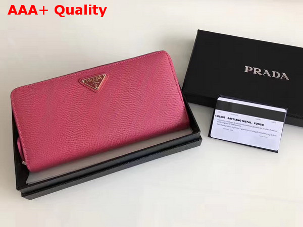 Prada Saffiano Triangle Zip Around Wallet in Dark Pink Saffiano Leather Replica