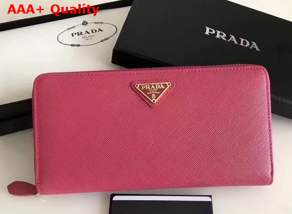 Prada Saffiano Triangle Zip Around Wallet in Dark Pink Saffiano Leather Replica