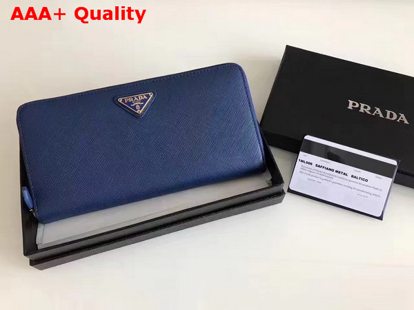 Prada Saffiano Triangle Zip Around Wallet in Navy Blue Saffiano Leather Replica