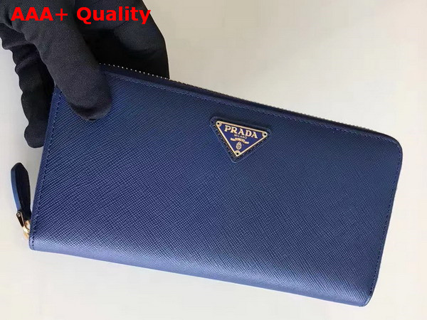 Prada Saffiano Triangle Zip Around Wallet in Navy Blue Saffiano Leather Replica