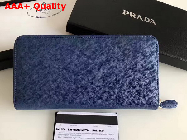 Prada Saffiano Triangle Zip Around Wallet in Navy Blue Saffiano Leather Replica