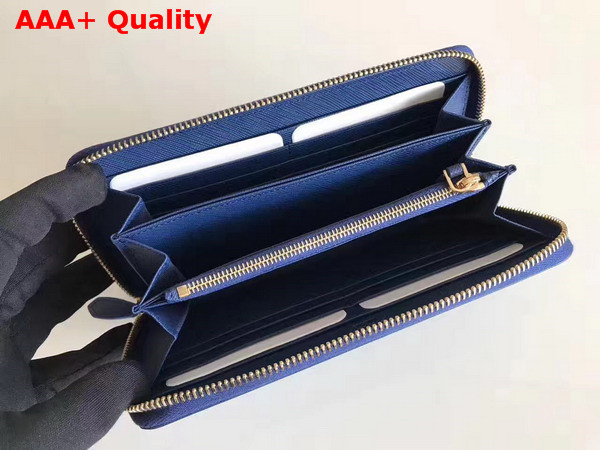 Prada Saffiano Triangle Zip Around Wallet in Navy Blue Saffiano Leather Replica