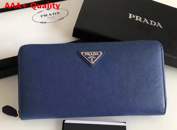 Prada Saffiano Triangle Zip Around Wallet in Navy Blue Saffiano Leather Replica