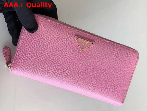 Prada Saffiano Triangle Zip Around Wallet in Pink Saffiano Leather Replica