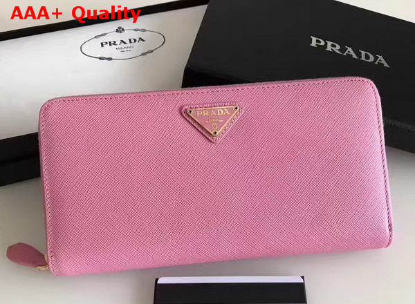 Prada Saffiano Triangle Zip Around Wallet in Pink Saffiano Leather Replica