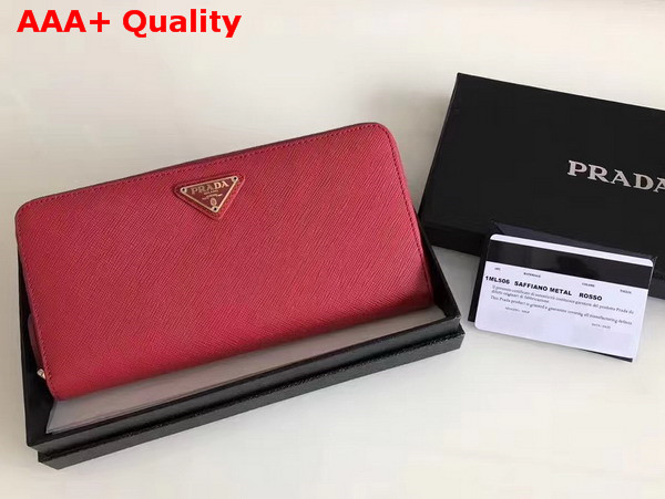 Prada Saffiano Triangle Zip Around Wallet in Red Replica