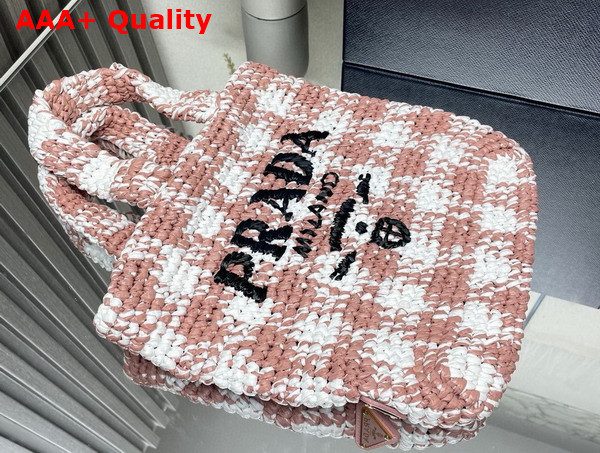 Prada Small Crochet Tote Bag in Pink and White Check 1BG422 Replica