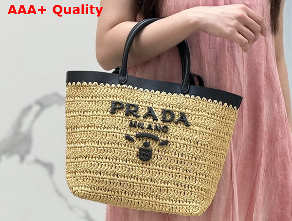 Prada Small Crochet and Leather Tote Bag Tan and Black 1BG500 Replica