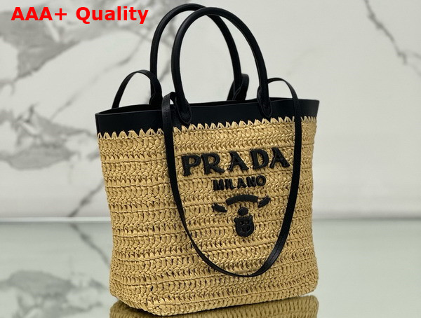 Prada Small Crochet and Leather Tote Bag Tan and Black 1BG500 Replica