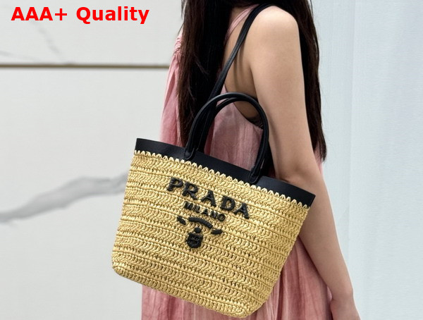 Prada Small Crochet and Leather Tote Bag Tan and Black 1BG500 Replica